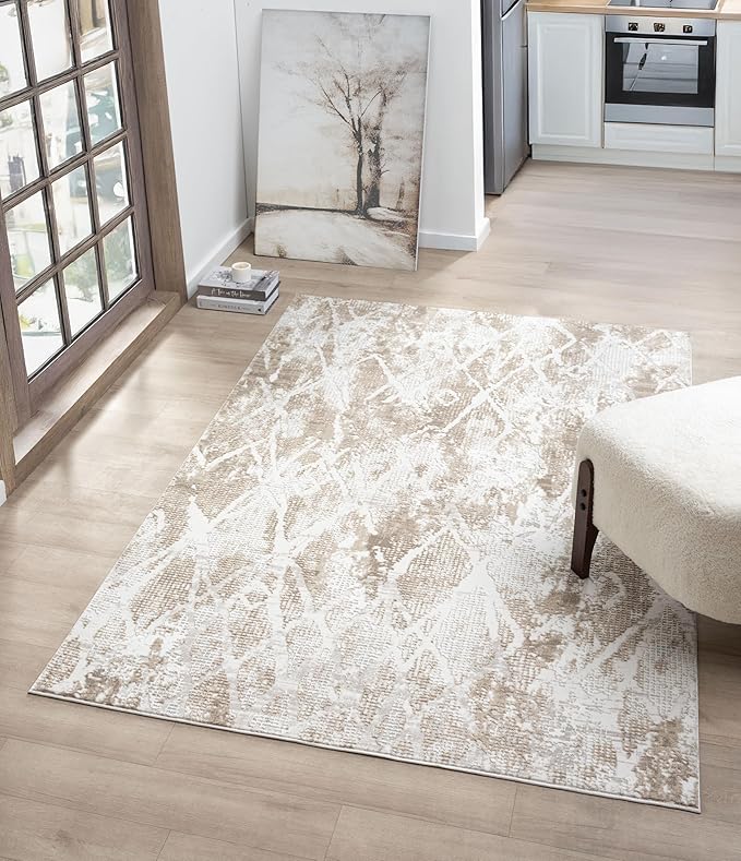 Adel Modern Area Rug for Living Room, 4x6 Rustic Distressed Abstract Beige Neutral Rug, Medium Pile Stain Resistant Carpet for Bedroom, Dining Room or Kitchen (4' x 6', Beige)