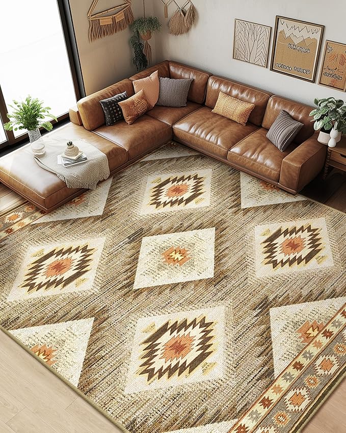 Area Rug 6x8 Rug Machine Washable Non-Slip Low Pile Print Pattern Western Rug for Living Room Bedroom Entryway Tribal Series-Cream/Camel