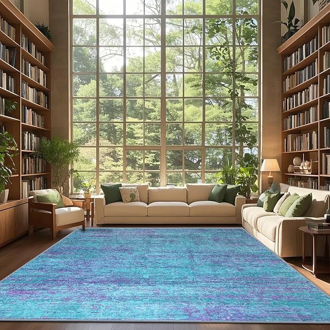 9x12 Abstract Area Rugs for Living Room, Modern Teal Purple Washable Indoor Rug for Bedroom, Soft Large Non-Slip Carpet for Dining Room Home Office Farmhouse Decor - Teal+Purple