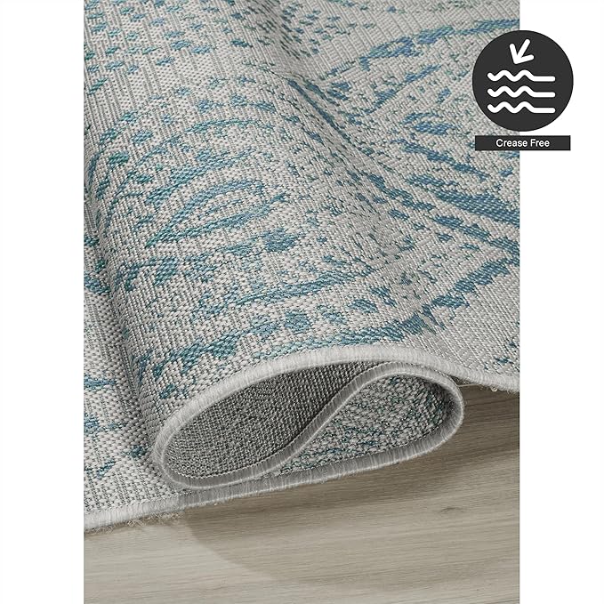 FH Home Outdoor Rug - Waterproof Easy to Clean Stain Resistant - Patio Indoor Outdoor Porch Deck Balcony Entryway - Distressed Farmhouse - Granada - Aqua - 6' x 9'