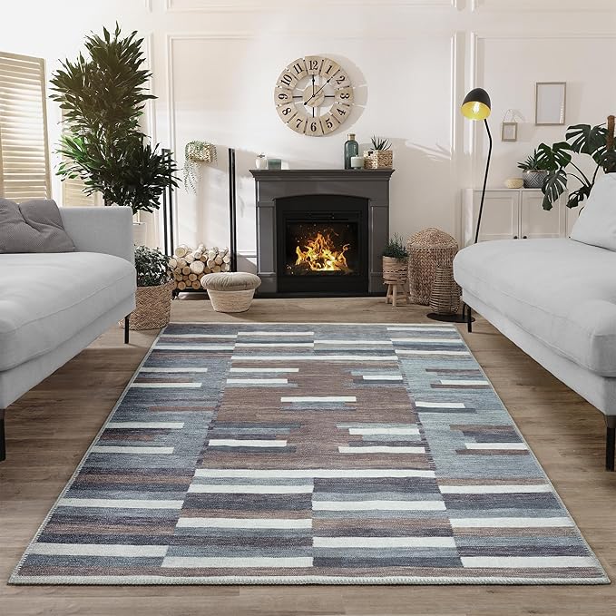 Bloom Rugs Washable Non-Slip 8' x 10' Rug - Blue/Brown Striped Area Rug for Living Room, Bedroom, Dining Room, and Kitchen - Exact Size: 8' x 10'