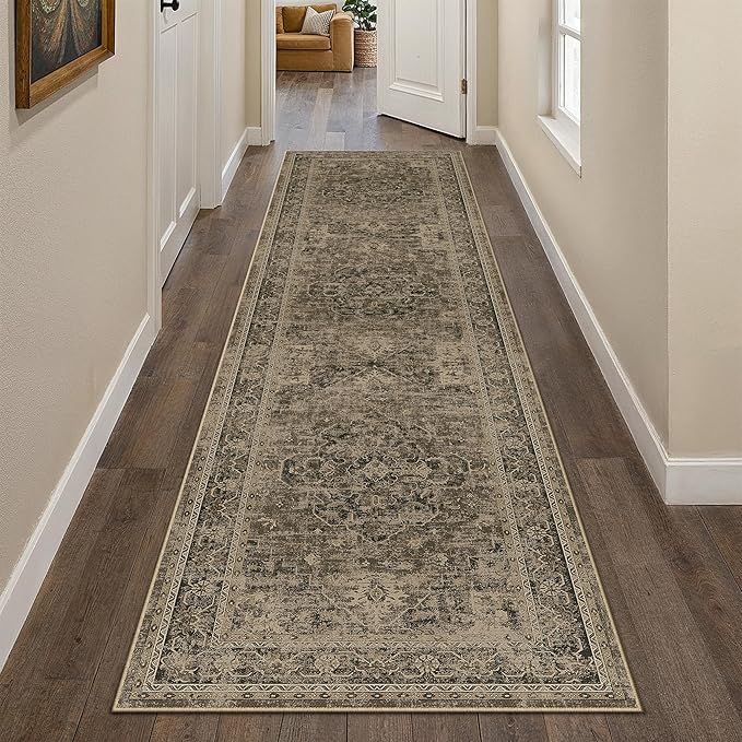Hallway Runner Rug 2x8 Washable Brown Vintage Distressed Long Runner Oriental Soft Thin Indoor Carpet Non Slip Low Pile Throw Rug for Kitchen Bedroom Laundry Bedside Entryway
