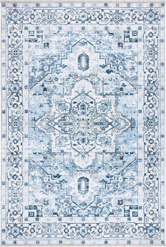 Bloom Rugs Caria Washable Non-Slip 8x10 Rug - Blue Traditional Area Rug for Living Room, Bedroom, Dining Room, and Kitchen - Exact Size: 7'8" x 10'