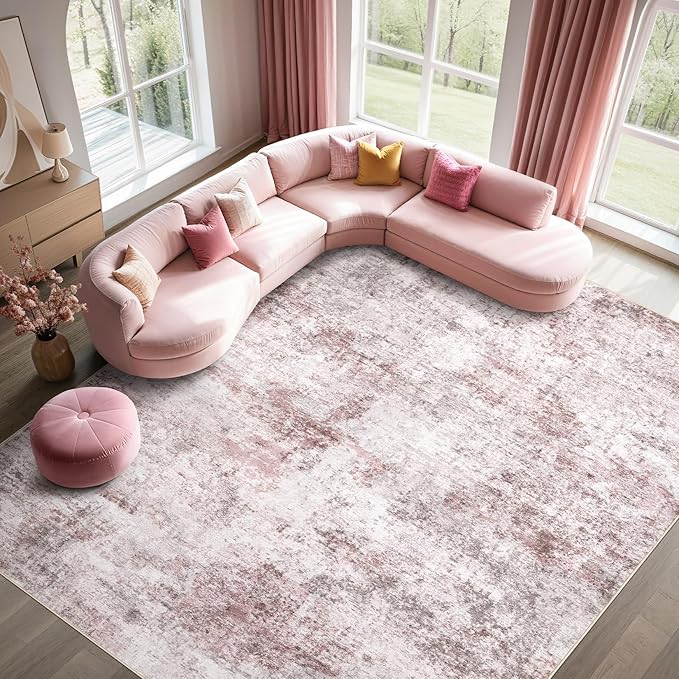 6x9 Area Rug Living Room Rugs - Washable Neutral Modern Abstract Soft Thin Large Rug Indoor Floor No Slip Rug Carpet for Bedroom Under Dining Table Home Office Decor - Pink