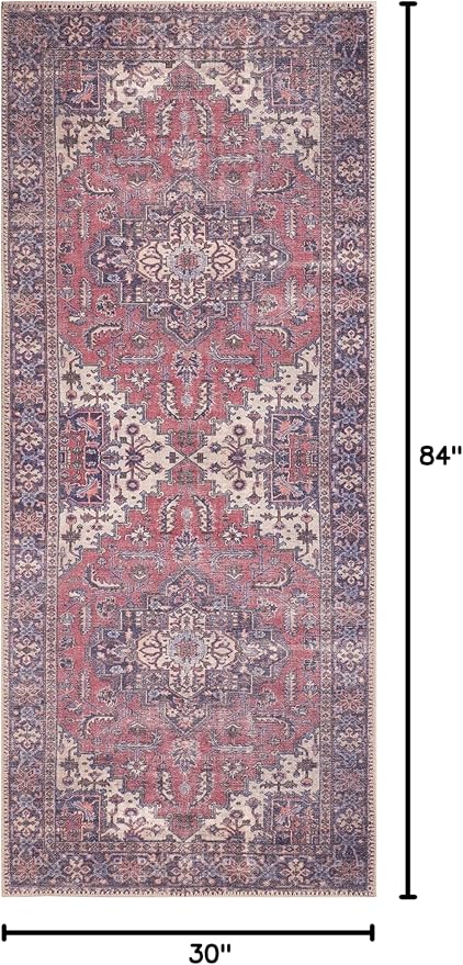GLN Rugs Traditional Collection - Machine Washable Area Rug, Traditional Washable, Non Slip, Low Pile Chenille Rug, Living Room, Bedroom, Kitchen Rug (2'6" x 7' Multi Blue)