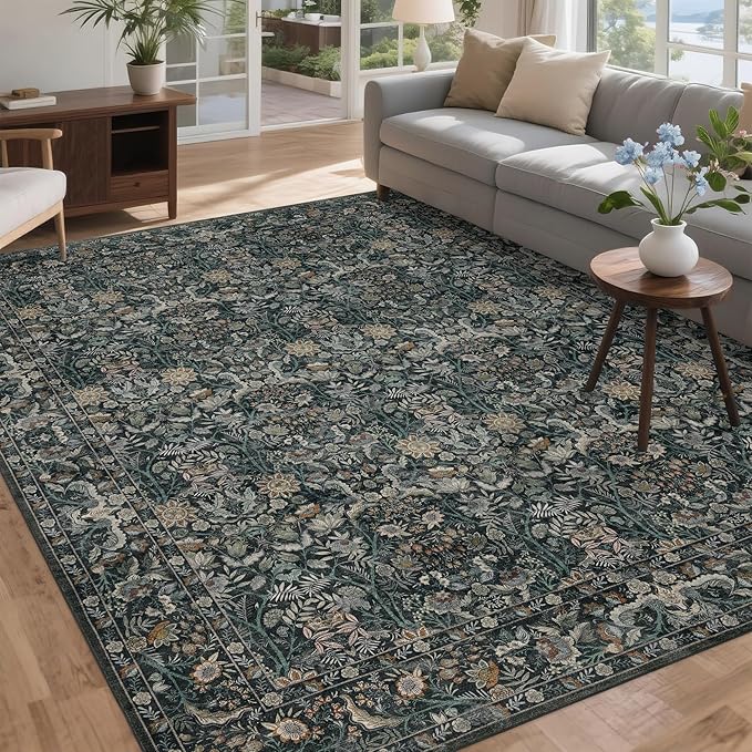 Washable Living Room Rug: 10x14 Boho Floral Soft Area Rug for Bedroom Decor - Vintage Low Pile Thin Carpet for Dining Room Non-Slip - Farmhouse Stain Resistant Rugs - Dark Green