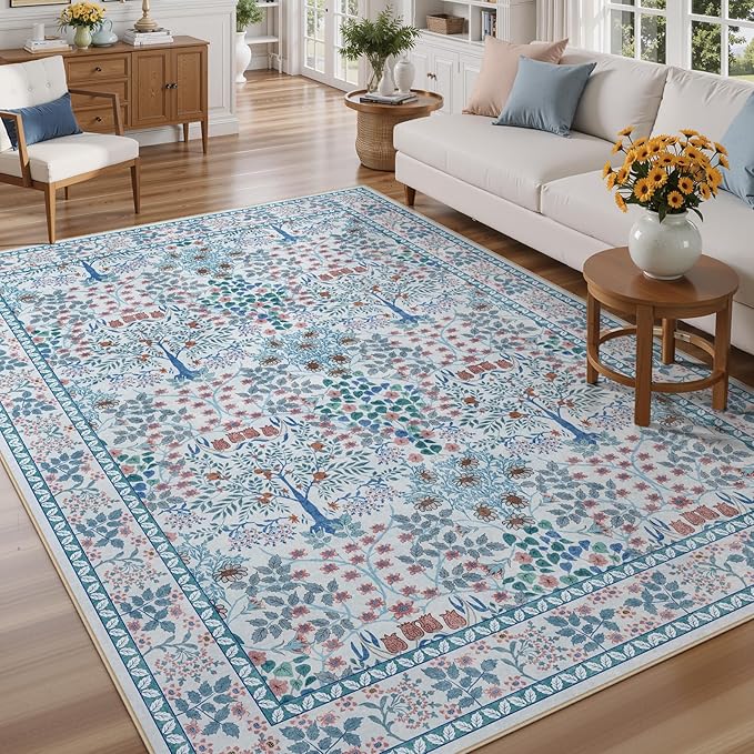 9x12 Area Rug Living Room Rug - Floral Vintage Forest Washable Carpet, Low Pile Non-Slip Stain Resistance Boho Soft Large Carpet for Bedroom, Dining Room Under Table, Farmhouse (9'x12' Blue/Pink)