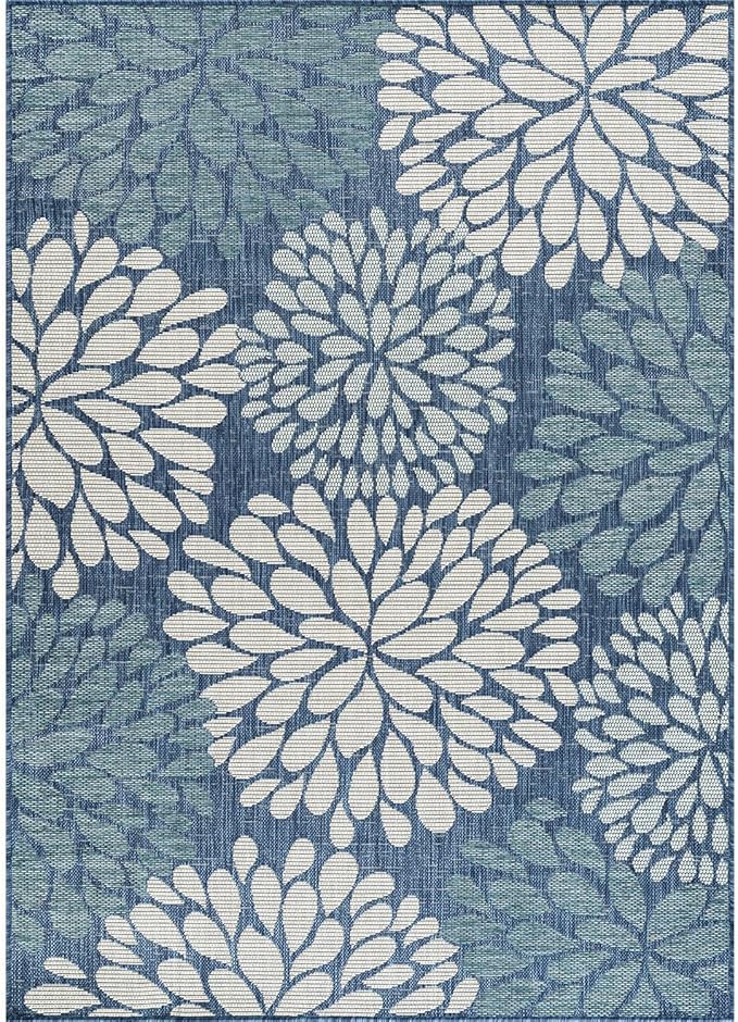 Beverly Rug Outdoor Rug 8x10 Modern Exotic Tropical Leaf Area Rugs for Indoor and Outdoor Patio Deck Porch Garden Water Resistant Washable Outside Carpet (8 x 10 Blue)