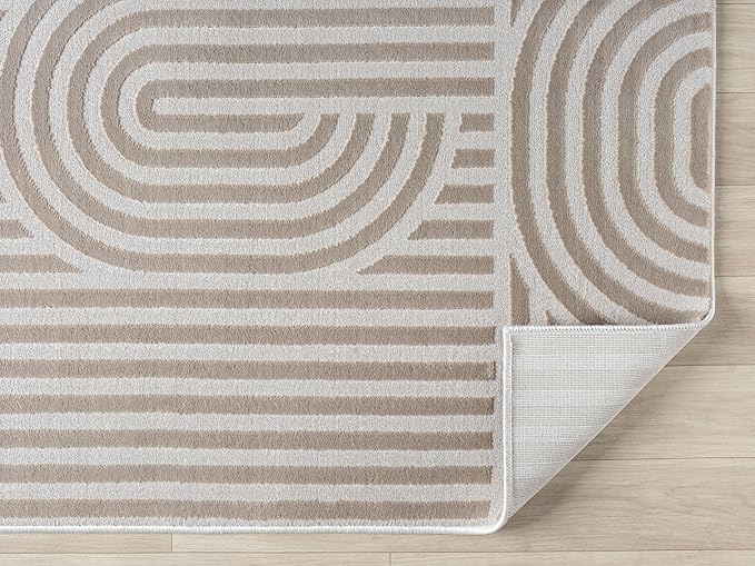 Annabel Modern Geometric Area Rug for Living Room, 6x9 Contemporary Arched Linear Beige Neutral Rug, Stain Resistant Non-Shedding Carpet for Bedroom, Dining Room or Kitchen (6' x 9', Beige)