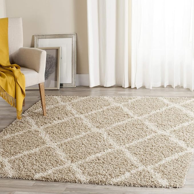 SAFAVIEH Dallas Shag Collection Area Rug - 6' Square, Ivory & Red, Trellis Design, Non-Shedding & Easy Care, 1.5-inch Thick Ideal for High Traffic Areas in Living Room, Bedroom (SGD257R)