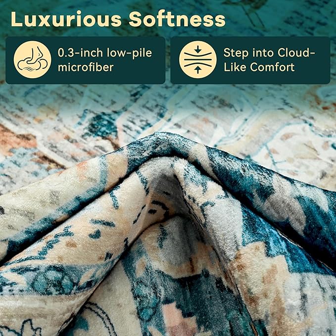 YJ.GWL Area Rugs for Living Room 8x10 Machine Washable Rugs, Non Slip Floral Vintage Rug Indoor Carpet, Stain Resistant Large Rug for Bedroom Dining Room, Dark Blue