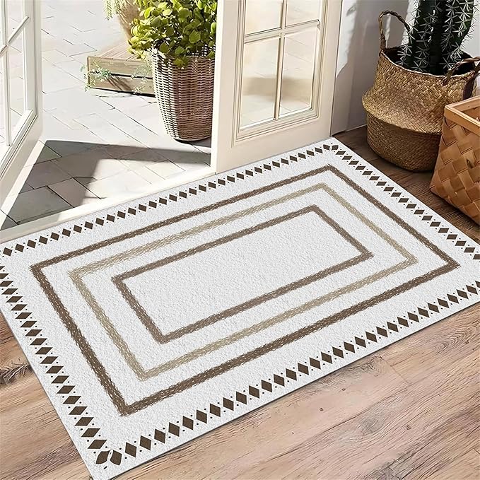 Moroccan Farmhouse Area Rugs 8x10ft, Neutral Geometric Pattern in Off-White Rug, Low Pile Machine Washable & Non-Slip Soft Carpet for Living Room, Bedroom & Dining Room