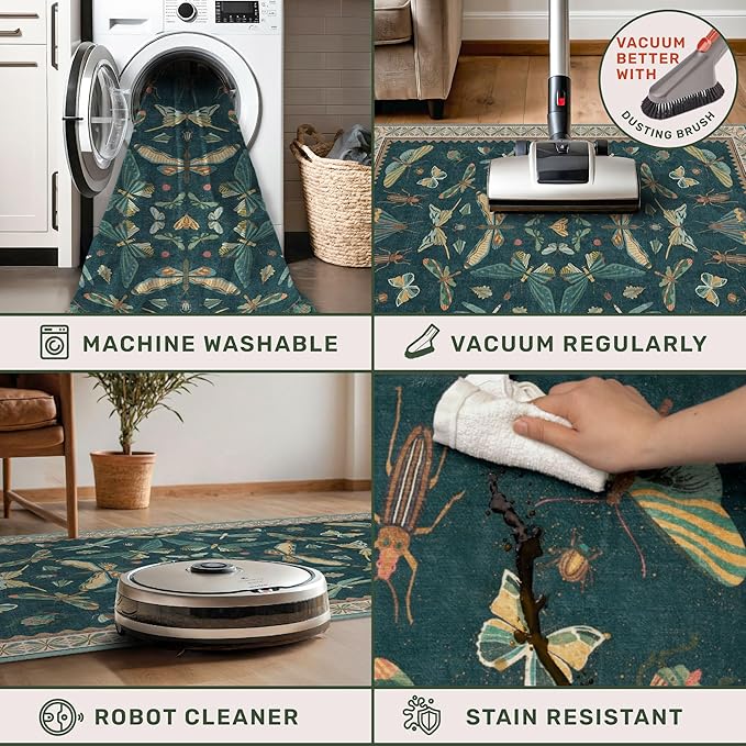 Brown and Green Kitchen Sink Runner Rug 2x6 - Teal Boho Bathroom Rugs for Entrance Indoor, Insect Print Floral Vintage, Washable Non Skid Stain Resistant