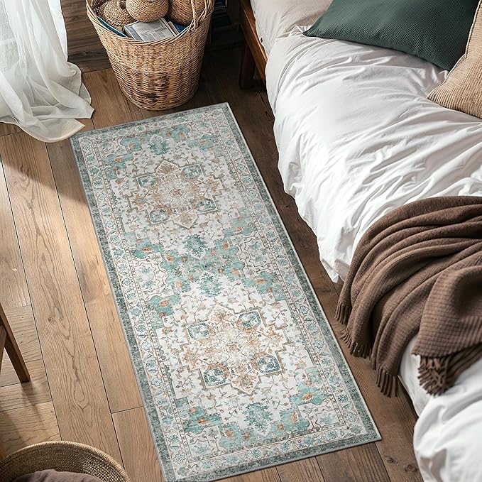 GENIMO 2x4 Runner Rugs for Hallway, Machine Washable Non Slip Vintage Rugs, Low Pile Lightweight Soft Print Rug for enrtyway, Corridor, Home Office, Kitchen, Cyan