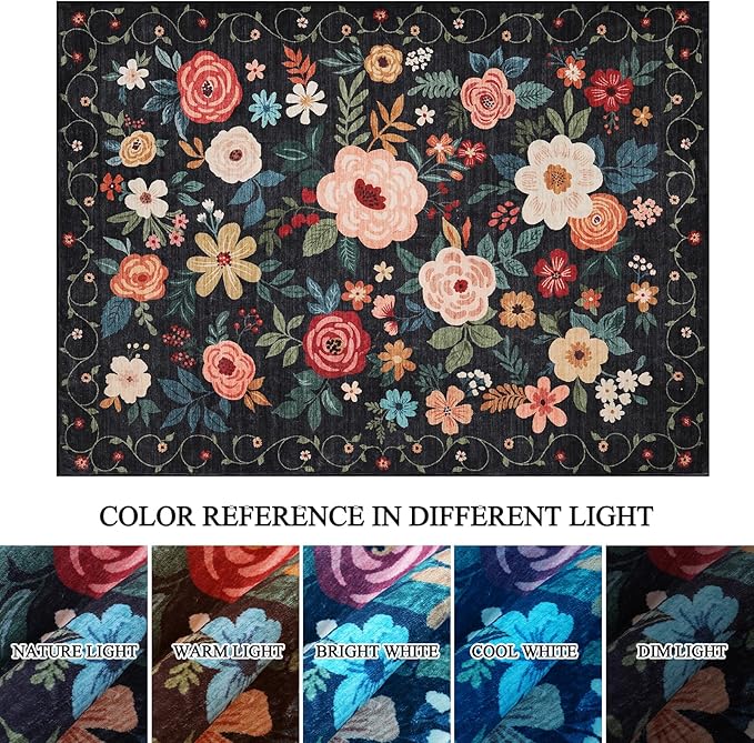 DUKINO 8x10 Area Rug, Floral Rugs for Living Room, Lightweight Non Slip Washable Rug, Indoor Low Pile & Non-Shedding Boho Design Rugs for Bedroom, Living Room, Dining Room, Black