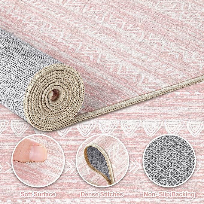 Nakagishi Round Rug Kitchen Washable Rugs: 6x6 Non-Slip Boho Soft Modern Stain Resistant Indoor Floor Neutral Farmhouse Throw Carpet for Hallway Bathroom Laundry Room Entryway Bedroom- Pink
