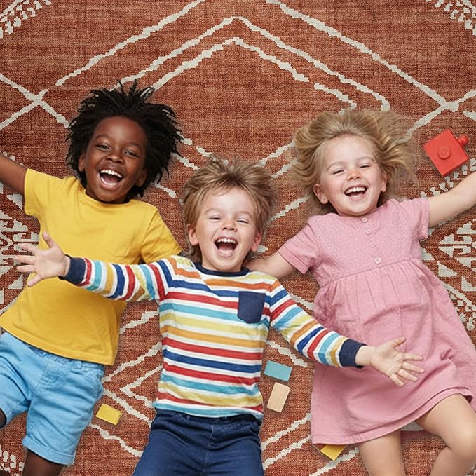 ReaLife Rugs Machine Washable Area Rug - Living Room Bedroom Bathroom Kitchen Entryway Office - Padded Low Pile Stain Resistant Premium - Moroccan Diamond Tribal - Jax - Orange 7'6" x 9'6"