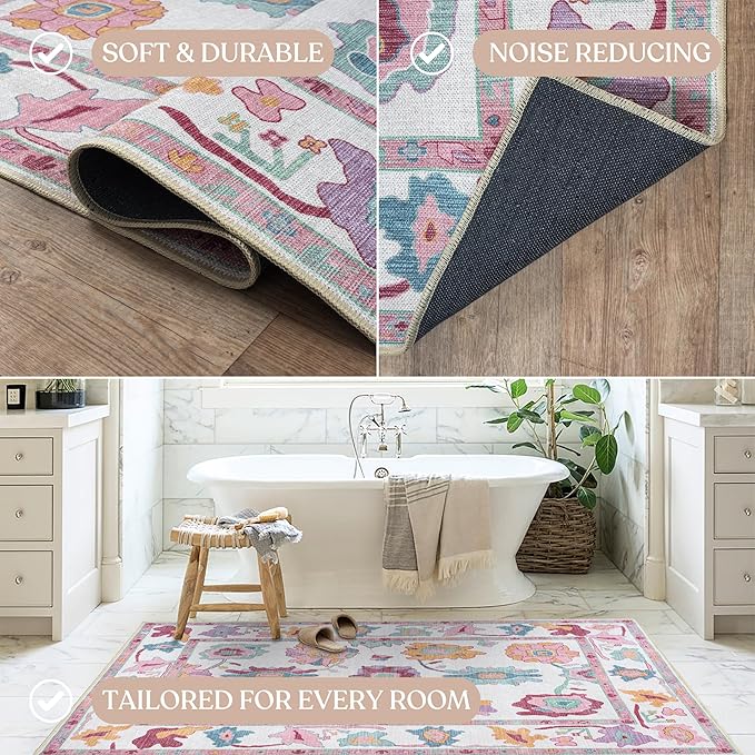 Fame Living Pink Oushak Rug, Modern, Vintage, Turkish, Eclectic, Floral, Pastel, Washable, Area Rugs for Living Room, Dining, Bedroom, Nursery, Girls, Boys, 5'9"x8'9"