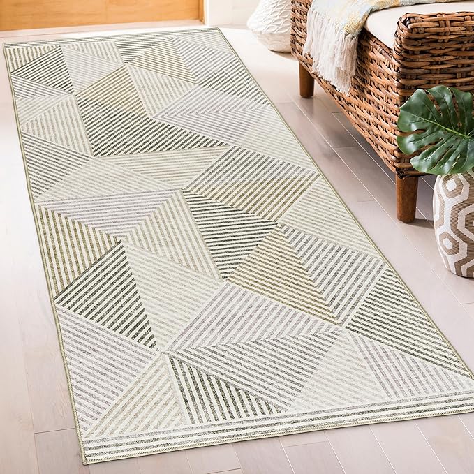 ReaLife Rugs Machine Washable Area Rug Runner - Living Room Bedroom Bathroom Kitchen Entryway Office - Padded Low Pile Stain Resistant Premium - Modern Geometric Contemporary - Miles - Beige 2'6"x6'