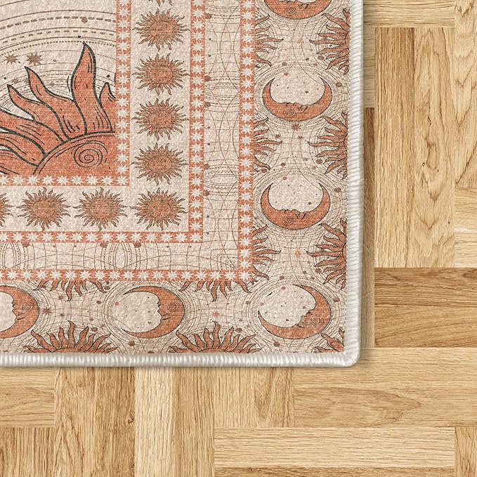 Ambesonne Sun and Moon Decorative Rug, Bohemian Artwork Design of Crescent Solar Ornament Esoteric Stars Ornaments, Quality Carpet for Bedroom Dorm and Living Room, 5' 1" X 7' 5", Burnt Sienna