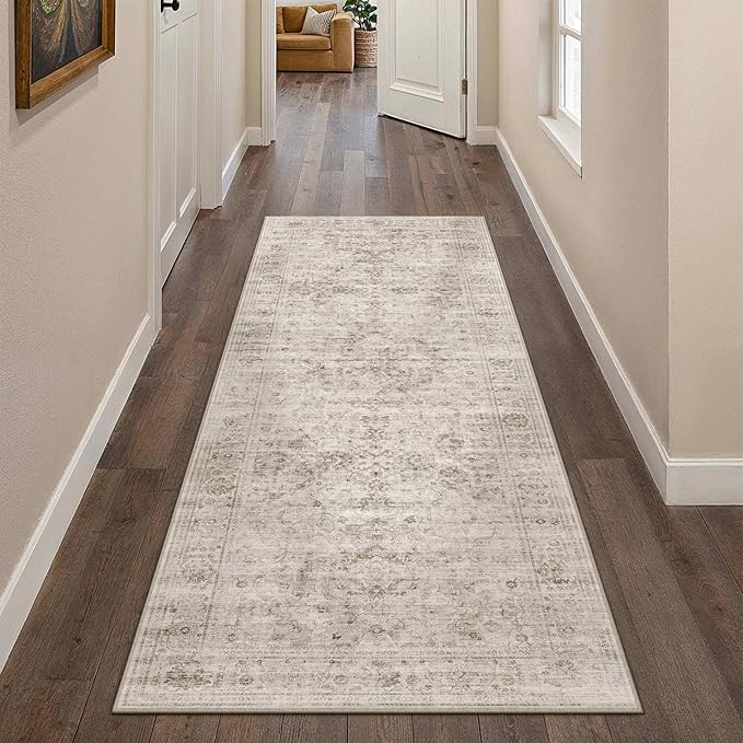 HUGEAR Washable Hallway 2x6 Runner Rugs Retro Beige Vintage Distressed Non Slip Stain Resistant Low Pile Neutral Throw Carpet for Bedside Kitchen Entryway Home Decor