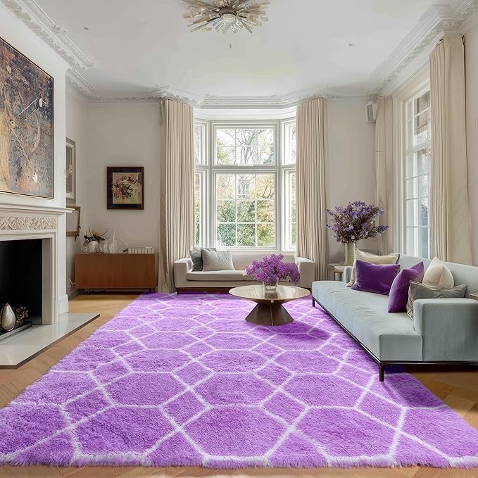 ONASAR 5x7 Area Rugs for Living Room Bedroom, Washable Fluffy Purple and White Throw Rug, Geometric Boho Soft Plush Shaggy Floor Bedside Carpet Mat for Nursery Kids Girls Boys Teen Dorm Home Decor