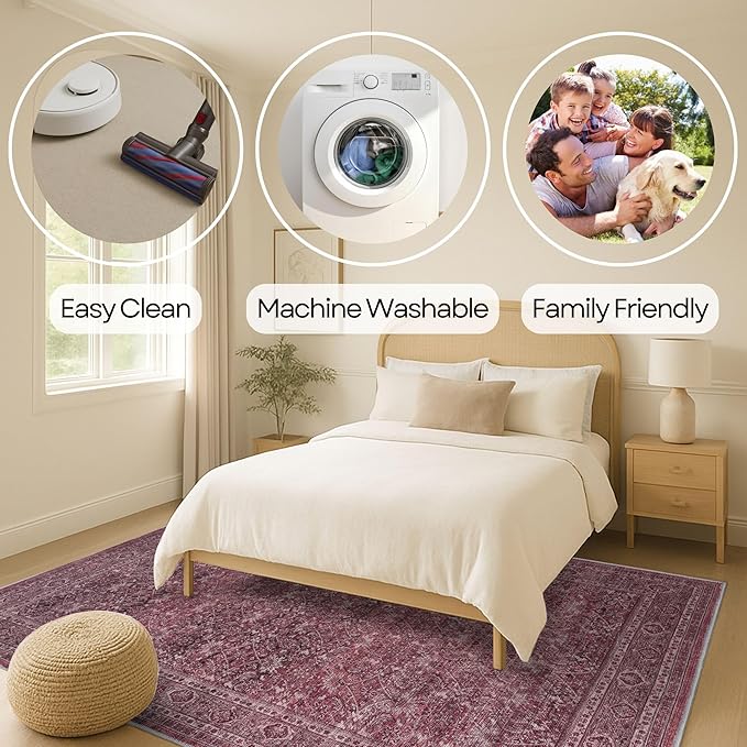 Fame Rugs Turkish Rug. Washable Vintage Oriental Antique Inspired Traditional Doormat Small Modern Area Rugs Luxury Entryway Entry Bedroom Bathroom Kitchen (395RR, 2'5 x 13'1)