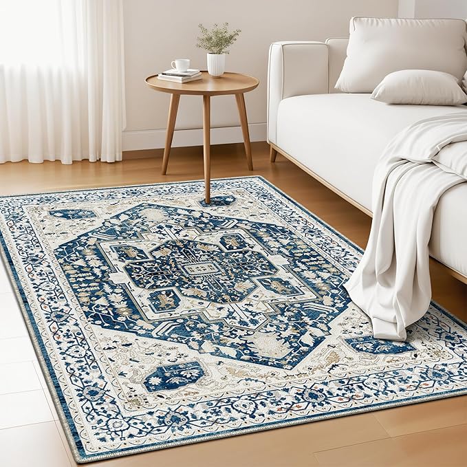 EnHomee 3x5 Washable Area Rugs for Bedroom, Boho Vintage Rugs, Foldable Area Rug for Dining Room, Non-Slip Soft Living Room Rug, Low Pile Large Carpet for Bathroom, Blue and White