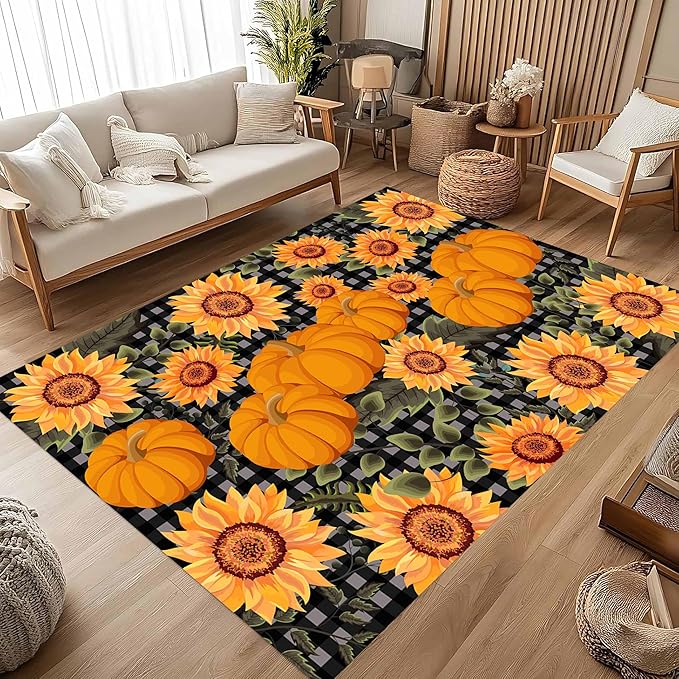Autumn Style Area Carpet, 5x7ft, Checkered with Sunflower and Pumpkin Fall Harvest Large Flower Rug, Fluffy Short Pile Rubber Backed Farmhouse Door Mat for Study Room Front Door