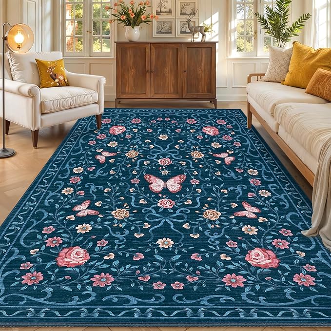 GarveeHome 3x5 Small Area Rug for Bedroom Floral Washable Rugs Non Slip Stain Resistant Living Room Throw Carpet Low Pile Dining Room Blue Area Rug Butterfly Bow Rugs for Nursery Home Decor, 3x5