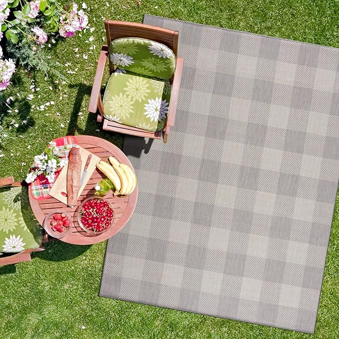 CAMILSON Outdoor Rug - Modern Area Rugs for Indoor and Outdoor Patios, Kitchen and Hallway mats - Easy Cleaning Non Shedding Washable Outside Carpet (6x9, Buffalo - Grey/White)