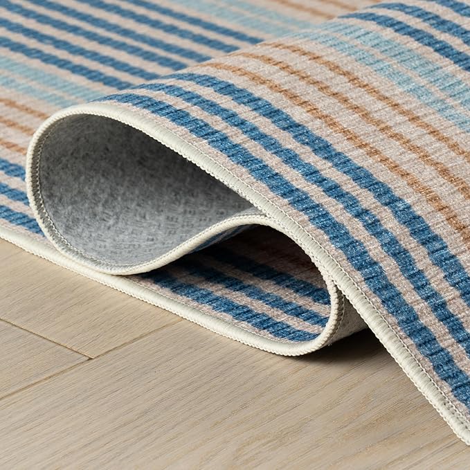 Dash & Albert Tyne Blue Machine Washable Rug, 2 X 3 Feet, Blue/Tan Stripe Pattern