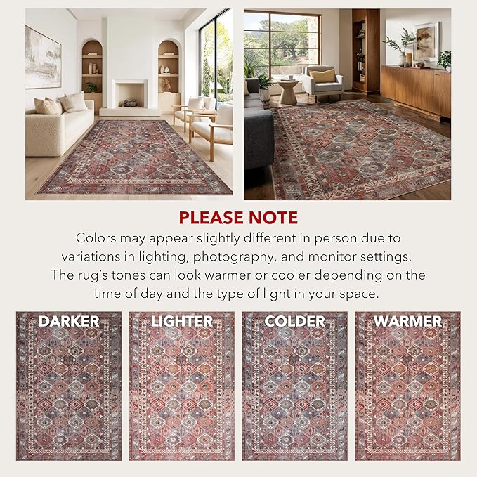 Kuden 2'6"x7' Runner Rug, Machine Washable Area Rug with Non-Slip Backing, Vintage Style, Soft, Easy Clean, Low Pile Rug for Hallway, Entryway, Kitchen, Bedroom