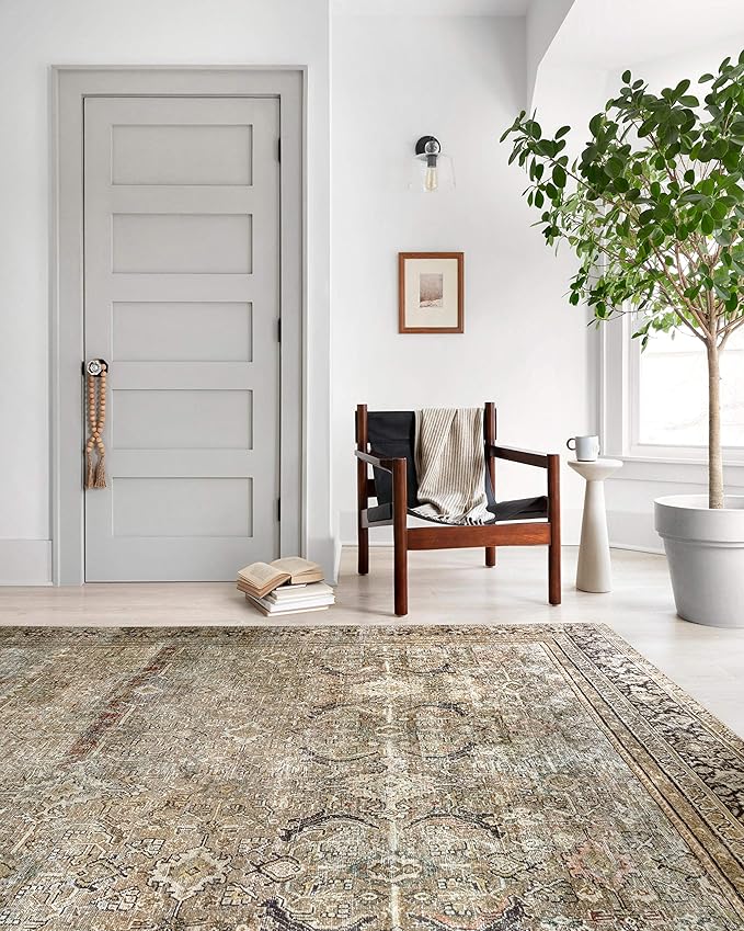 Loloi Layla Collection LAY-03 Olive/Charcoal 7'-6" x 9'-6" .13" Thick Area Rug, Soft, Durable, Vintage Inspired, Distressed, Low Pile, Non-Shedding, Easy Clean, Printed, Living Room Rug