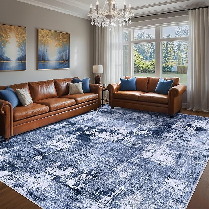 Area Rug Living Room Rugs - 7x9 Washable Large Soft Indoor Neutral Modern Abstract Low Pile Rug Carpet for Bedroom Dining Room Farmhouse Home Office - Navy Blue