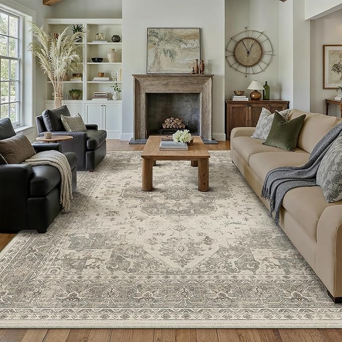 6x9 Washable Area Rug Beige Grey Vintage Distressed Large Rug for Living Room Oriental Soft Thin Indoor Retro Gray Carpet Non Slip Low Pile Floor Cover for Bedroom Dining Room Office Nursery