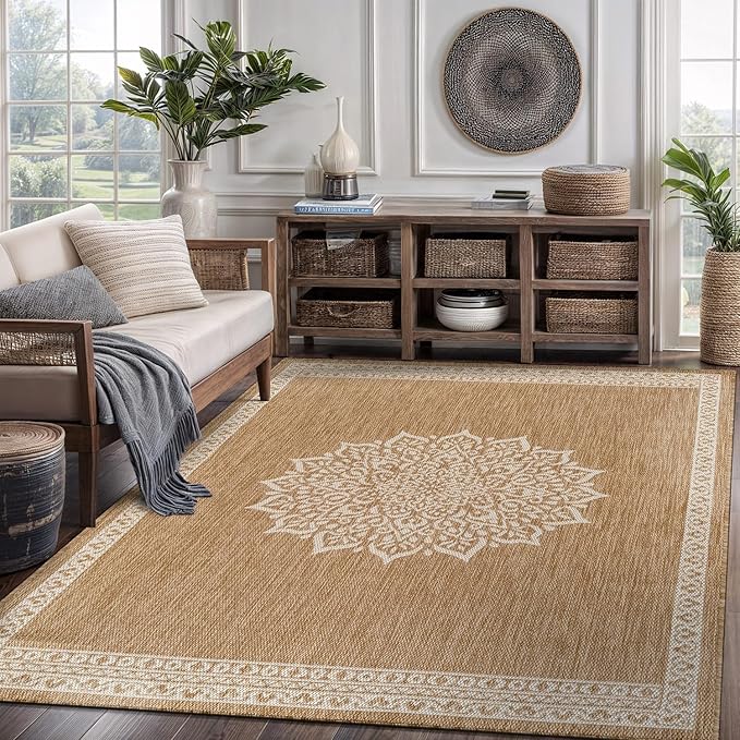 CAMILSON Outdoor Rug 6x9 Medallion Natural Modern Area Rugs for Indoor and Outdoor Patios Kitchen and Hallway Mats Washable Porch Deck Outside Carpet (Medallion Natural 6 x 9)