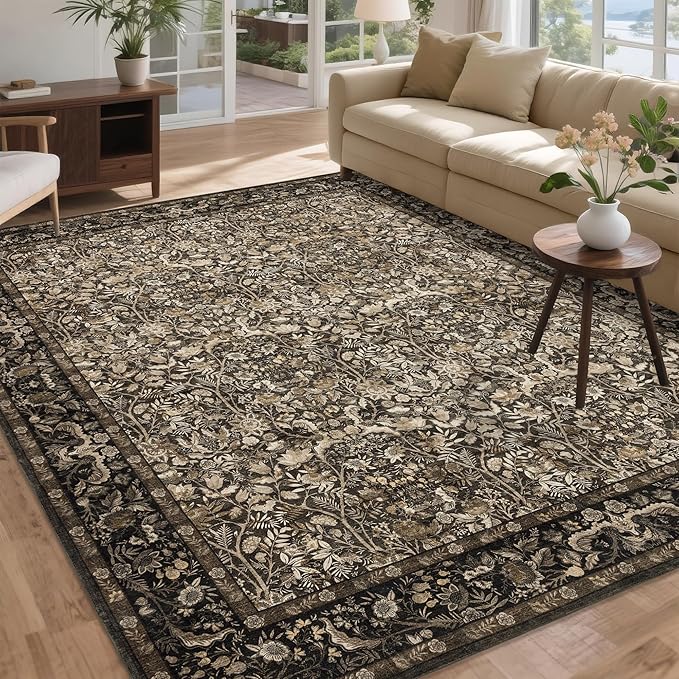 Washable Living Room Rug: 10x14 Boho Floral Soft Area Rug for Bedroom Decor - Vintage Low Pile Thin Carpet for Dining Room Non-Slip - Farmhouse Stain Resistant Rugs - Dark Brown
