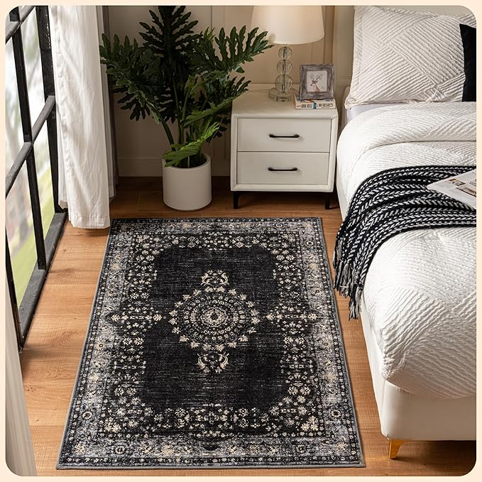 Istana 3x5 Area Rug - Black Modern Rugs for Living Room 3x5 - Foldable Rugs for Bedroom/Living Room Rug - Stain Resistant Washable Rug - Eco-Friendly Small Area Rugs