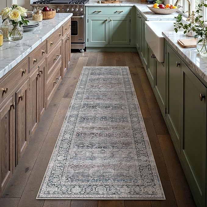 HUGEAR 2x8 Runner Rug Non Slip Washable Area Rug Purple Vintage Neutral Distressed Carpet Soft Low Pile Pet Friendly for Bedroom Kitchen Hallway Porch Foyer