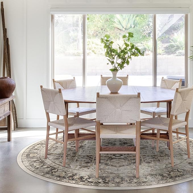 RUGGABLE Washable Vintage Area Rug – Kamran Hazel 6 ft Round, Stain-Resistant, Non-Slip – Medium Machine Washable Rugs for Living Room, Bedroom, Hallway, Entryway & Office–with Cushioned Pad