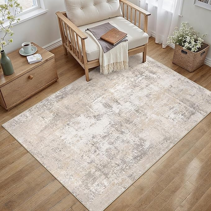 3x5 Washable Area Rug Beige Grey Abstract Entryway Office Throw Rug Neutral Modern Non Slip Soft Low Pile Small Carpet for Kitchen Living Room Bedroom Entrance