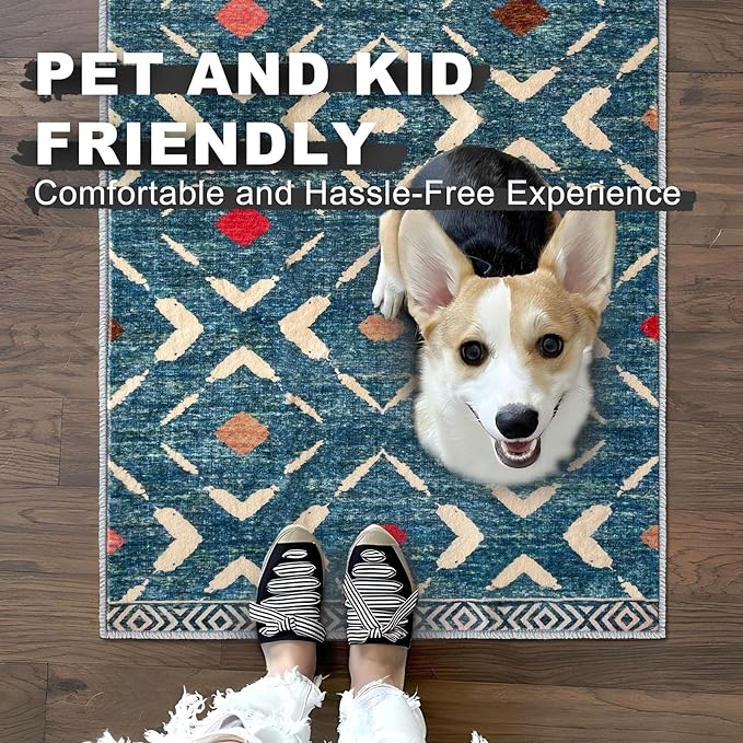 KILOCOCO Hallway Runner Rug 3x10 Runners for Hallways Washable Runner Soft Non Slip Printed Geometric Rubber Backed Low-Pile Rug Runners for Bedroom Kitchen Living Room Boho Rugs, Teal/Blue
