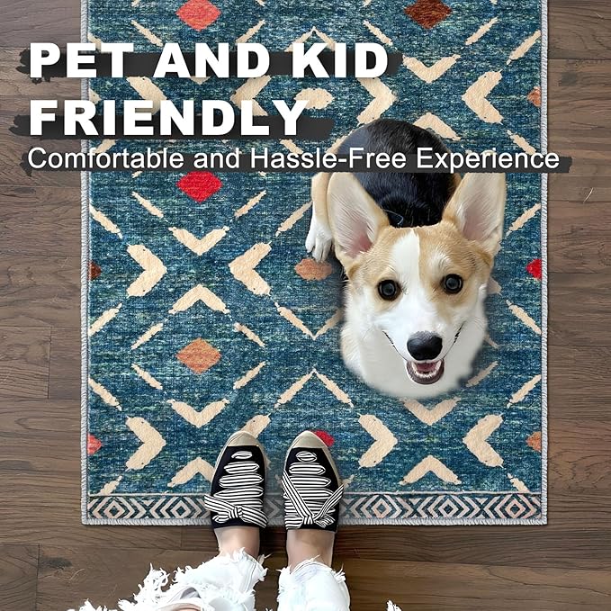 KILOCOCO Area Rug 4'x6' Entryway Rug Washable Bedroom Rug Non Slip Printed Boho Rubber Backed Low-Pile Soft Rugs for Kitchen Living Room Dining Geometric Moroccan Carpet, Teal/Blue