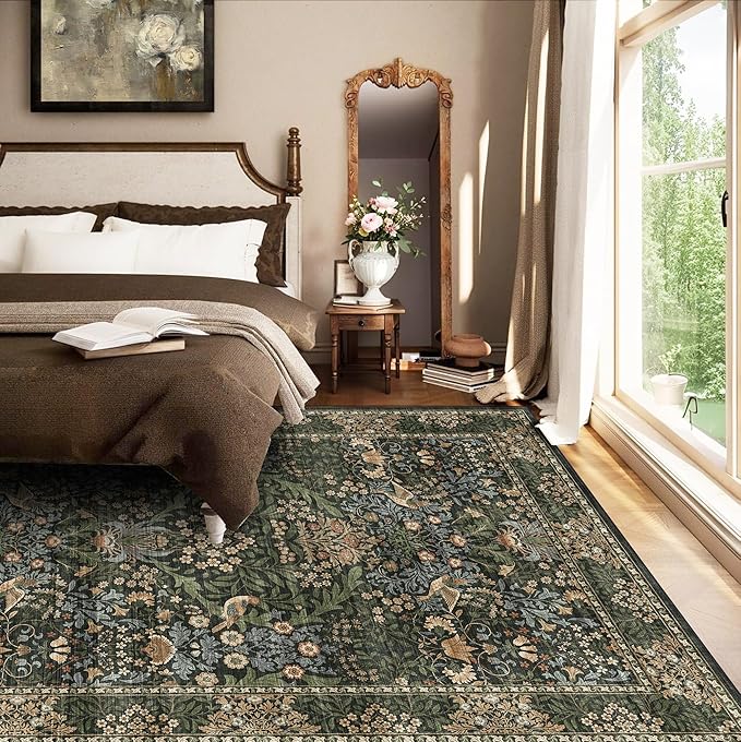 6x9 Floral Washable Area Rug for Living Room, Vintage Boho Rugs for Bedroom Dining Room, Botanical Birds Non Slip Low Pile Forest Throw Carpet for Farmhouse Office, Retro Gold/Green