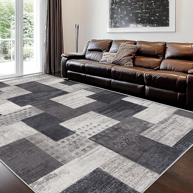 Modern Geometric Patchwork Indoor Area Rug for Living Room, Charcoal 6'x 9' Large Rug Rockwood Collection Hardwood Floors Decor for Bedroom, Grey Throw Carpet for Office Entryway Dining Room