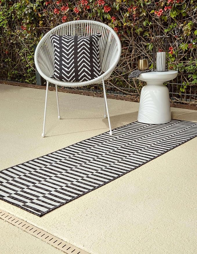 Unique Loom Outdoor Striped Collection Area Rug - Striped (2' x 8' Runner Charcoal/Ivory)