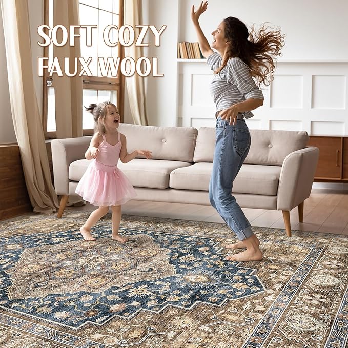 9x12 Area Rug Living Room: Washable Boho Large Neutral Vintage Soft Rugs Stain Resistant Farmhouse Non-Slip Indoor Floor Carpet for Bedroom Nursery Kids Office Dining Room Playroom- Yellow Blue