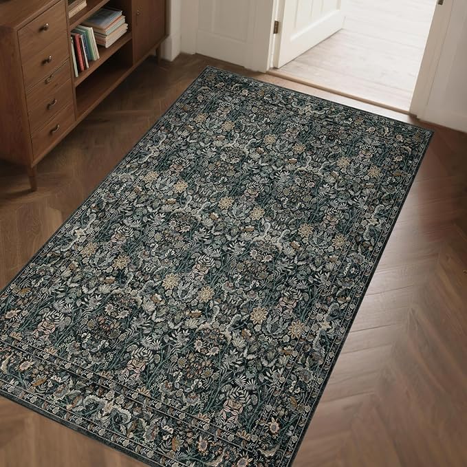 Washable Living Room Rug: 3x5 Boho Floral Soft Area Rug for Bedroom Decor - Vintage Low Pile Thin Carpet for Dining Room Non-Slip - Farmhouse Stain Resistant Rugs - Dark Green