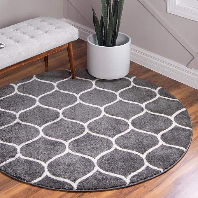 Rugs.com Lattice Frieze Collection Rug – 7' Round Dark Gray Medium Rug Perfect for Kitchens, Dining Rooms